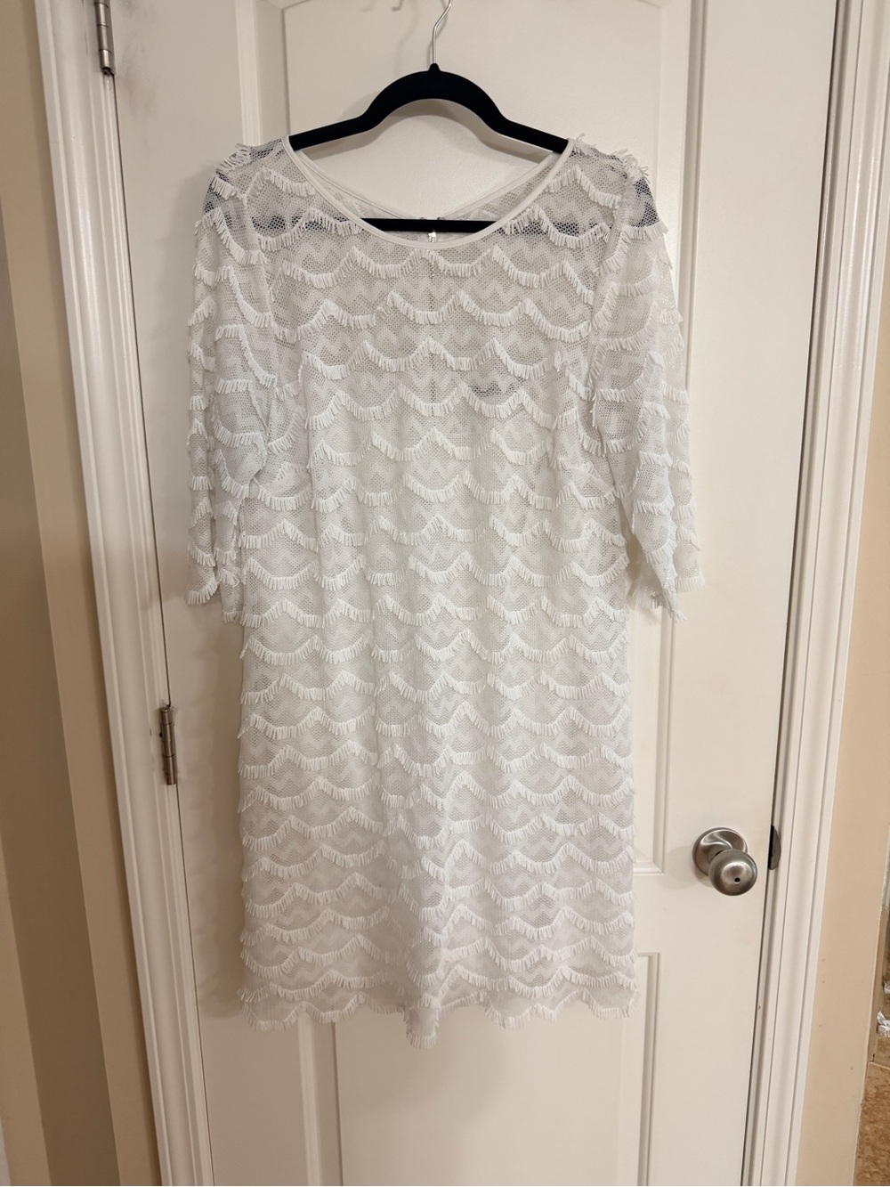 Eliza J White Fringe Lace Asymmetrical Shift Dress
